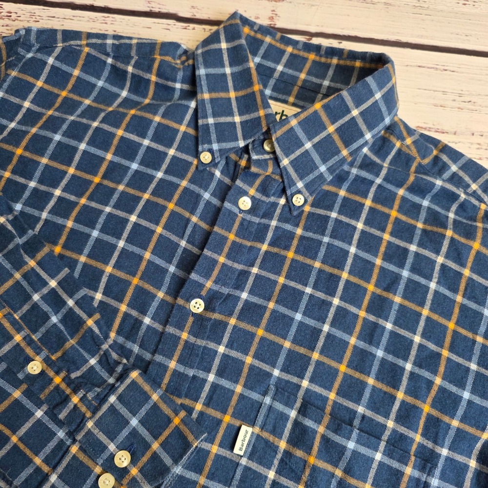Barbour Mens Medium Navy Blue Yellow Plaid Flannel Long Sleeve Button Down Shirt